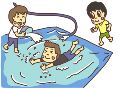 水の上をスライディングして滑って遊ぶ子どものイラスト