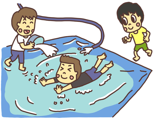 水の上をスライディングして滑って遊ぶ子どものイラスト