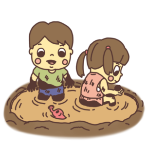 泥の水溜まりで遊ぶ子どものイラスト