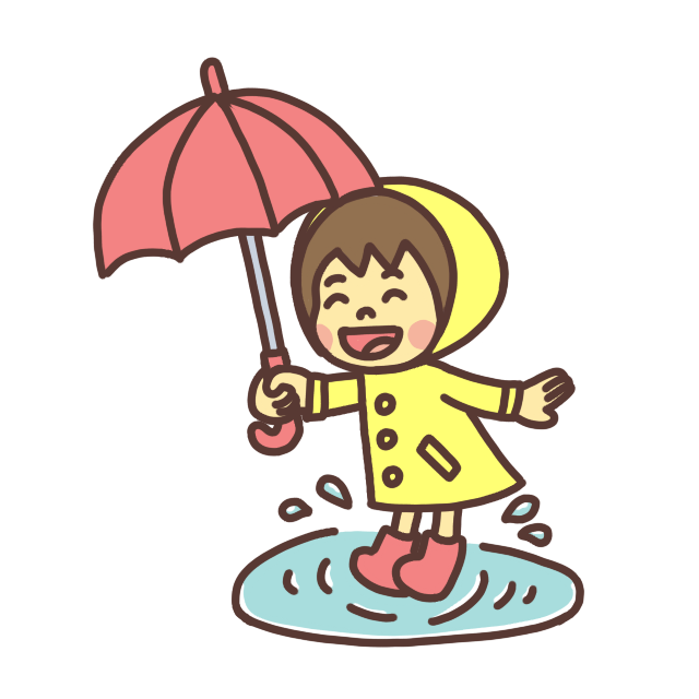 レインコートを着て水溜りで遊ぶ子ども（女の子）のイラスト