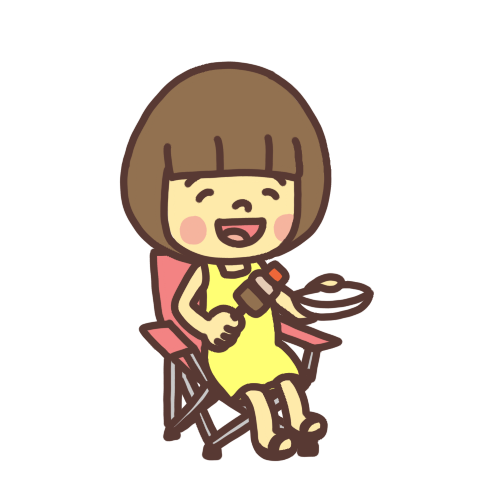 バーベキューで折り畳み椅子に座って串に刺した肉を食べる女の子のイラスト