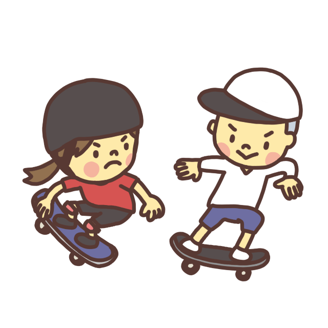 スケートボードで滑る子どもたちのイラスト