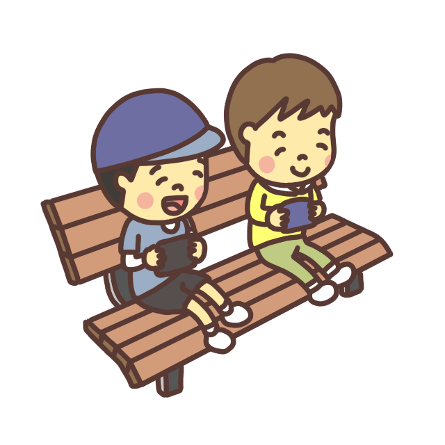 公園のベンチでゲームをして遊ぶ子ども（男の子）のイラスト笑顔バージョン