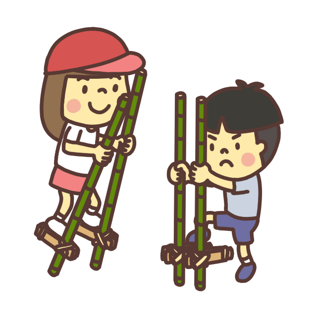竹馬で遊ぶ子ども（女の子と男の子）のイラスト