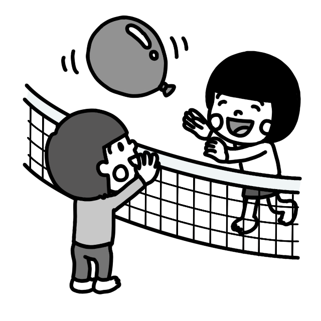 風船バレーをして遊ぶ子どものイラスト ネットあり モノクロ