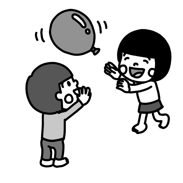 風船バレーをして遊ぶ子どものイラスト モノクロ