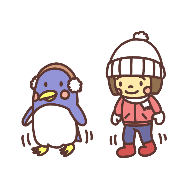 ペンギン歩きをするペンギンと子どものイラスト