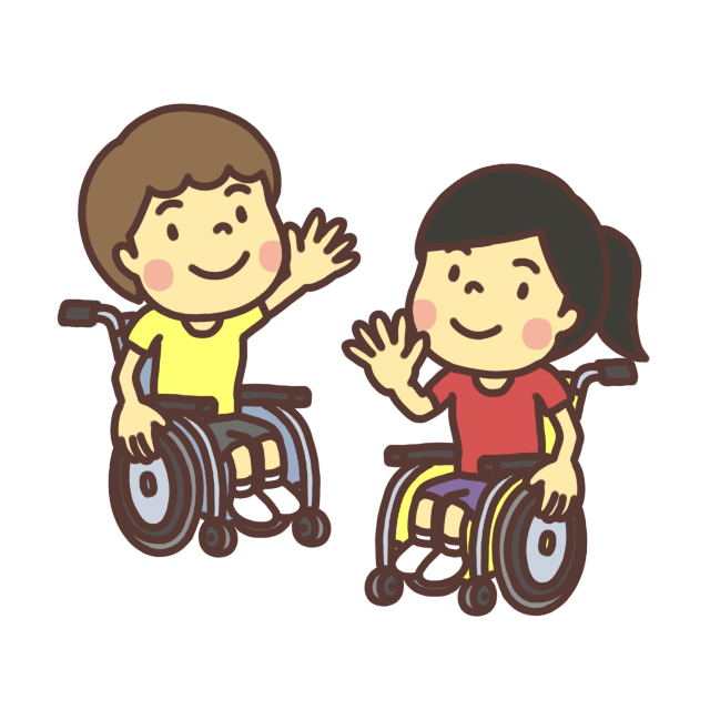 車椅子に乗った男の子と女の子のイラスト私服バージョン