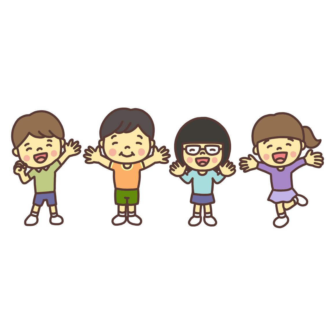 手を上げる4人の子どものイラスト笑顔バージョン