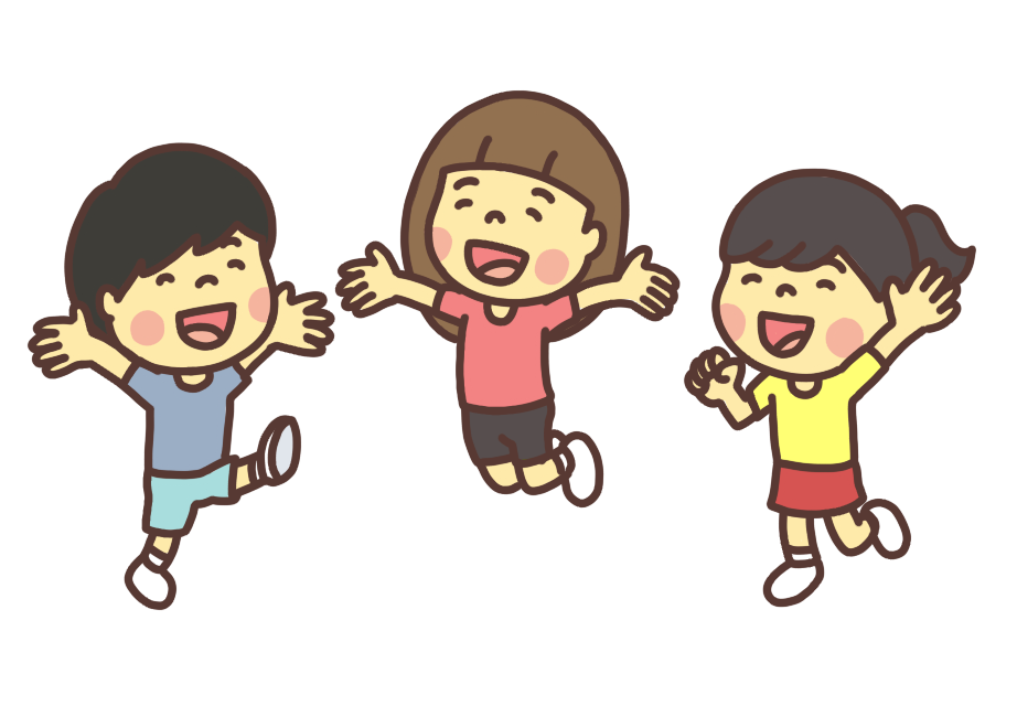 3人でバンザイジャンプをして喜ぶ子どもたちのイラスト笑顔バージョン