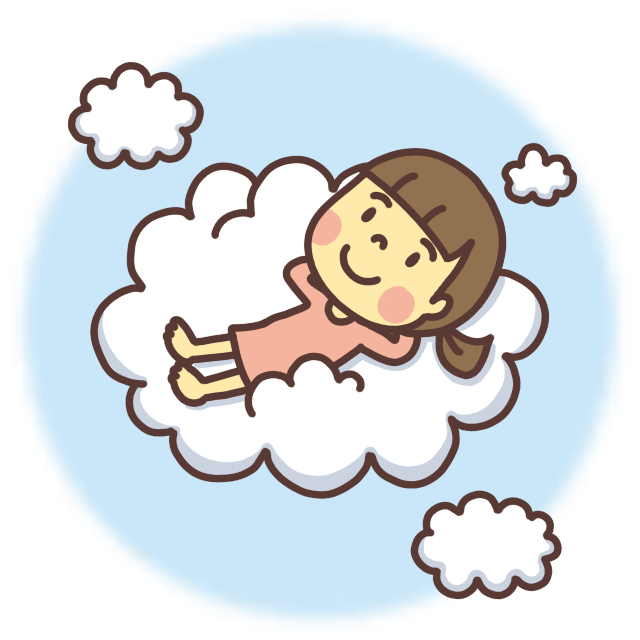 雲の上で仰向けに寝る子どものイラスト 遠くを見つめる