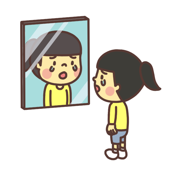 鏡に映った自分の顔を見る子どものイラスト 泣き顔
