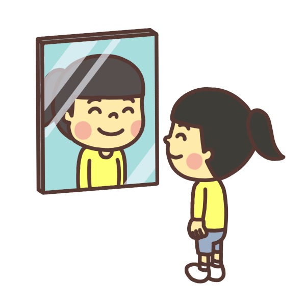 鏡に映った自分の顔を見る子どものイラスト 微笑み