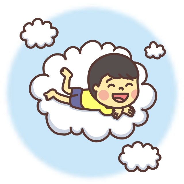 雲の上で仰向けに寝る子どものイラスト 笑顔