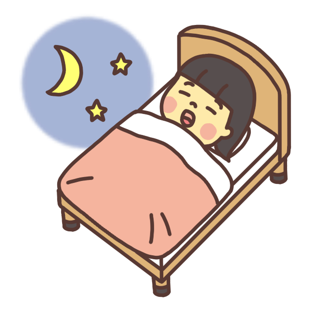 【睡眠】夜にベッドで寝る子どものイラスト 星と月 口を開けて寝る口呼吸
