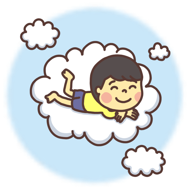 雲の上で仰向けに寝る子どものイラスト 微笑み
