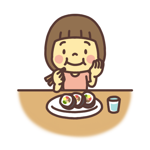 【食事】ほっぺたに手を当てて巻き寿司を食べる子ども（女の子）のイラスト