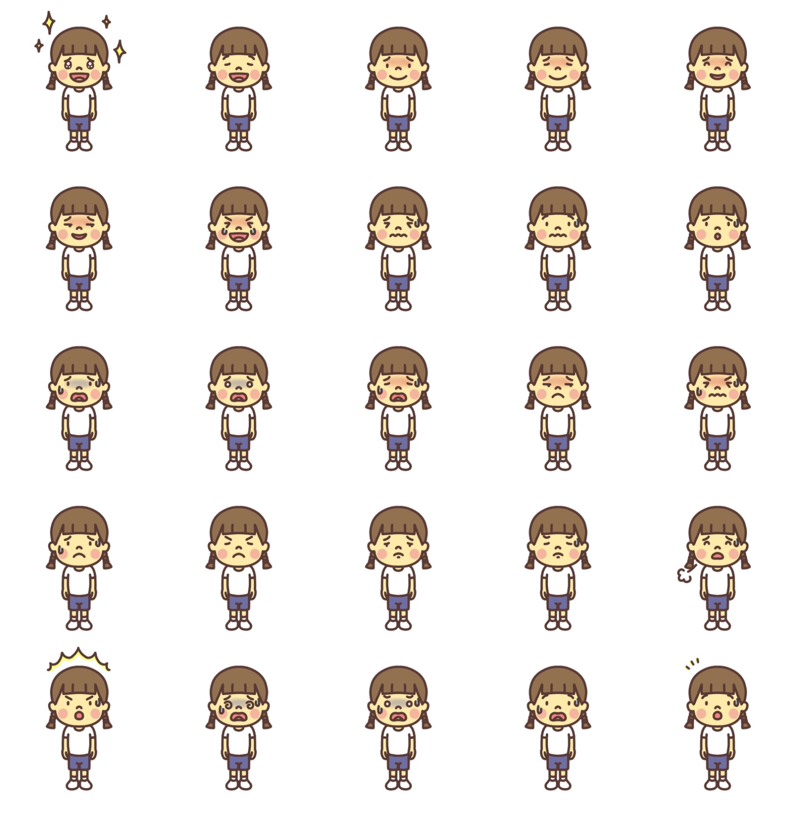 三つ編みの女の子のイラスト 感情による表情の変化89パターン