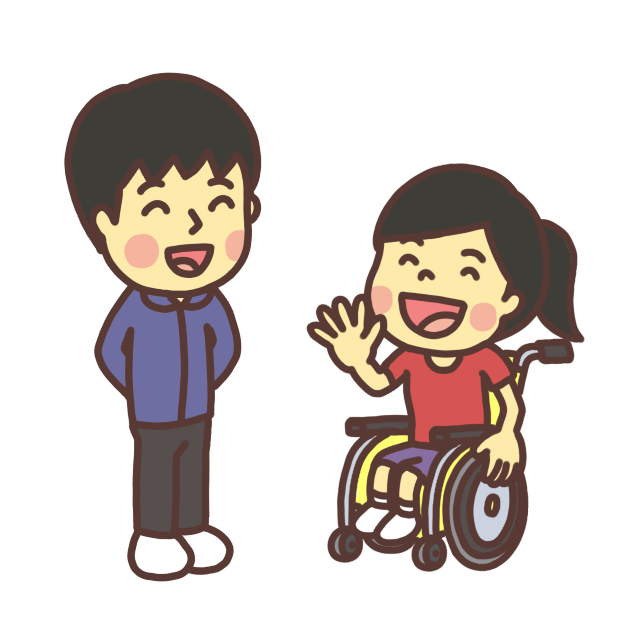 車椅子の子どもに話しかける機嫌の良い大人（男性）のイラスト