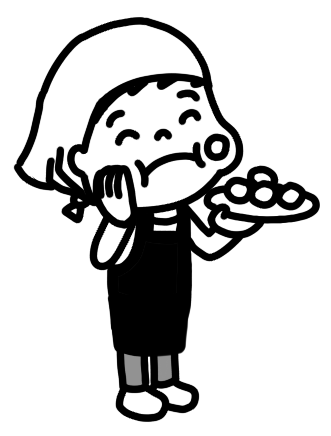 調理したお菓子を頬張る子どものイラスト 白黒