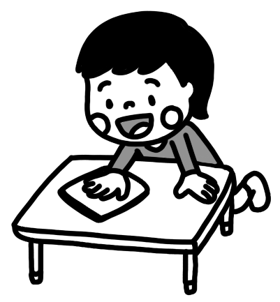 テーブルを拭く男の子のイラスト 雑巾がけ 白黒