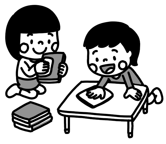 大掃除をする子どもたちのイラスト 白黒