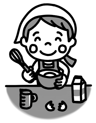 お菓子を作る女の子のイラスト 白黒