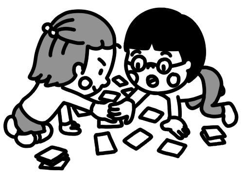 かるたを遊ぶ子どもたちのイラスト 白黒