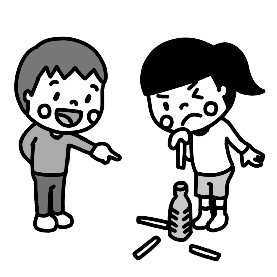 割り箸落としを遊ぶ子どものイラスト モノクロ