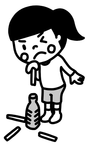 ペットボトルに割り箸を落とす女の子のイラスト モノクロ