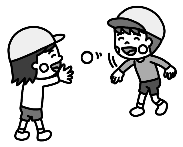 キャッチボールをする子どものイラスト 笑顔 白黒