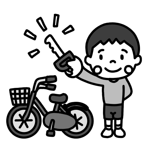 自転車と鍵を持つ子どもと自転車のイラスト 白黒