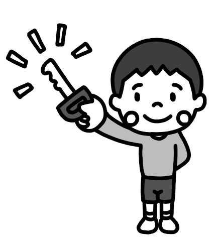 自転車のカギを持つ男の子のイラスト 白黒