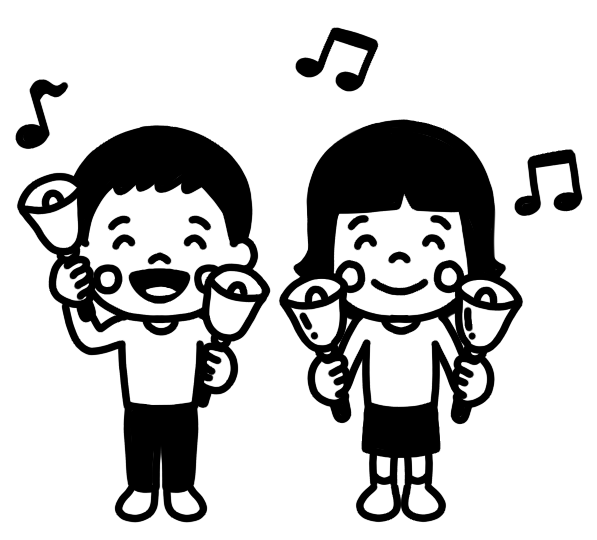 ハンドベルを演奏する子どものイラスト 白黒