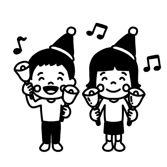ハンドベルを演奏する子どものイラスト クリスマスバージョン 白黒