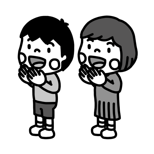 手を叩いて拍手をする子ども達のイラスト おしゃべり 白黒