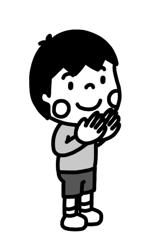 手を叩いて拍手をする男の子のイラスト 白黒