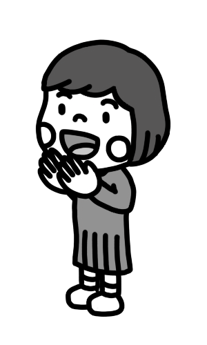 手を叩いて拍手をする女の子のイラスト おしゃべり 白黒