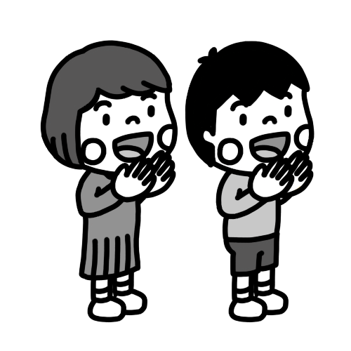 手を叩いて拍手をする子ども達のイラスト おしゃべり 白黒