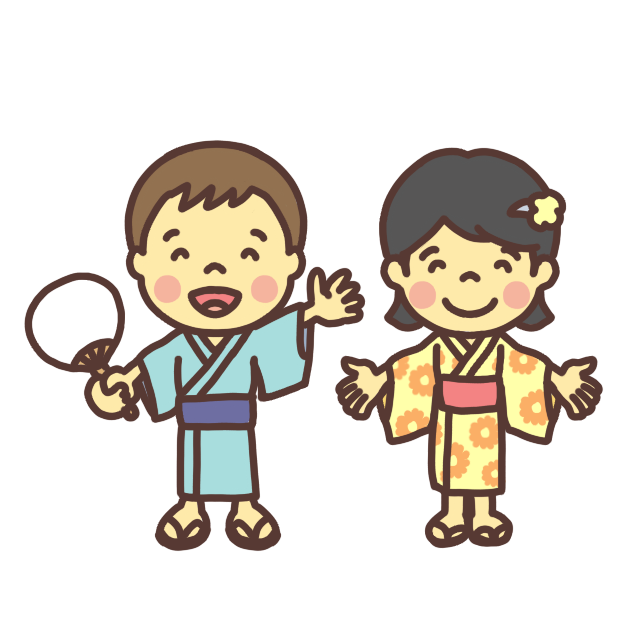 夏祭りで浴衣を着た子ども達のイラスト