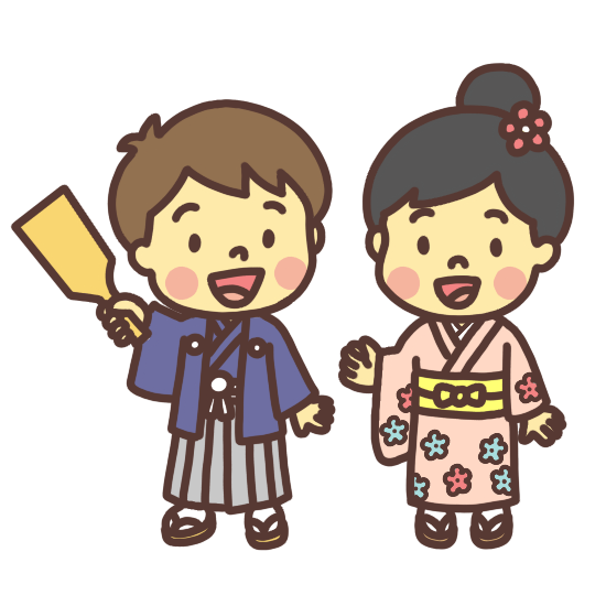 お正月に晴れ着を着た子ども達のイラスト