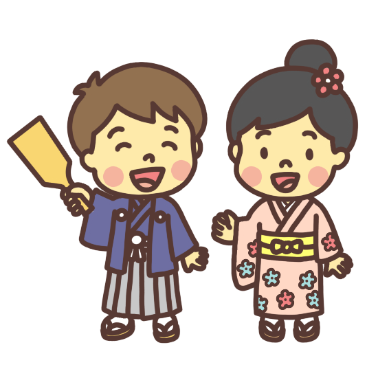 お正月に晴れ着を着た子ども達のイラスト 男の子笑顔