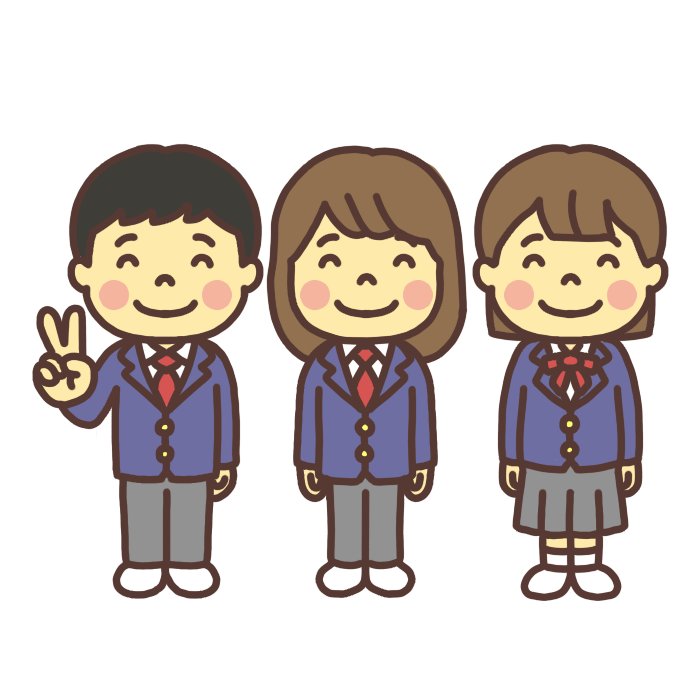 学校の制服を着た中学生達のイラスト 笑顔でピース
