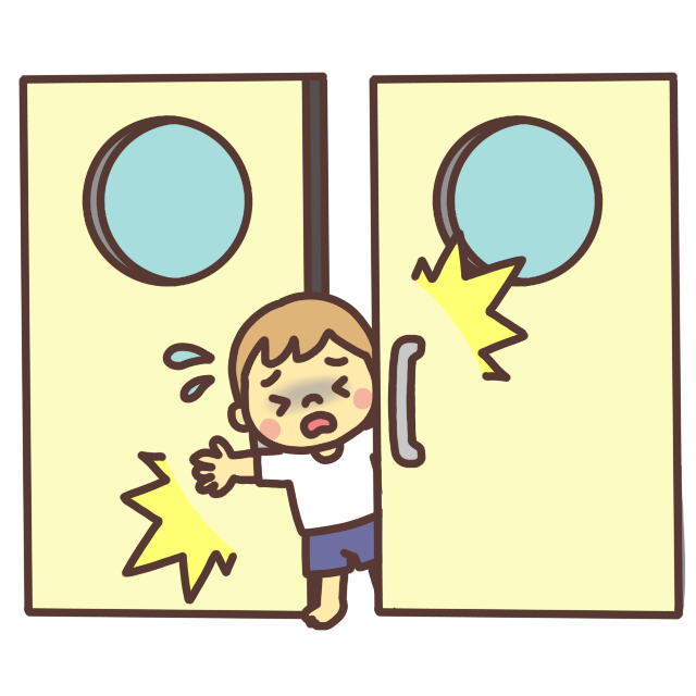 扉に体を挟む幼児のイラスト