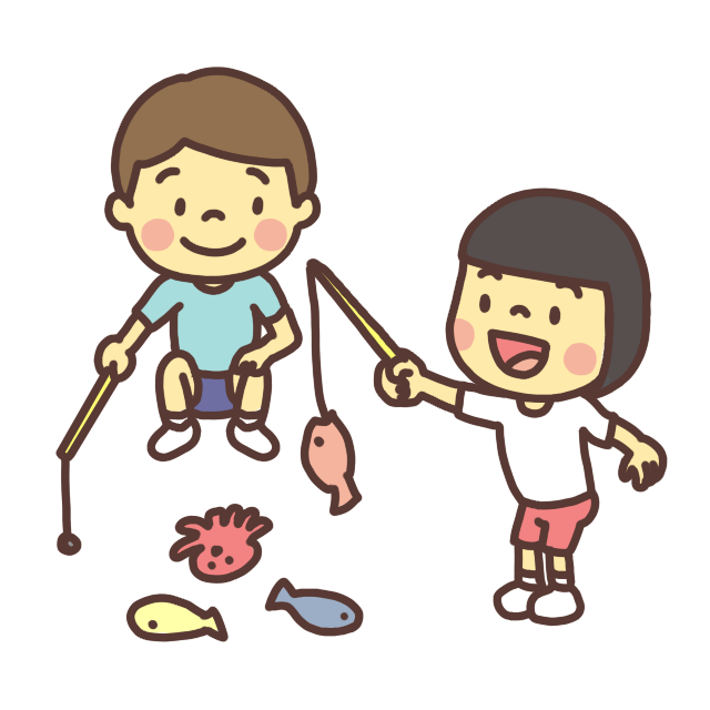 子ども祭りで魚釣りゲームを遊ぶ子どものイラスト