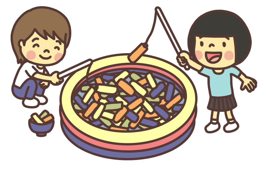 子ども祭りで「お菓子釣り」を遊ぶ子どものイラスト