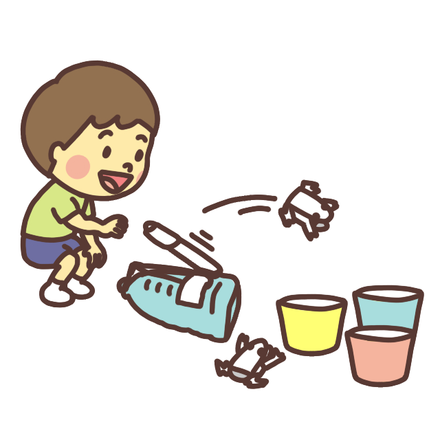 「カエル飛ばしゲーム」をして遊ぶ子どものイラスト