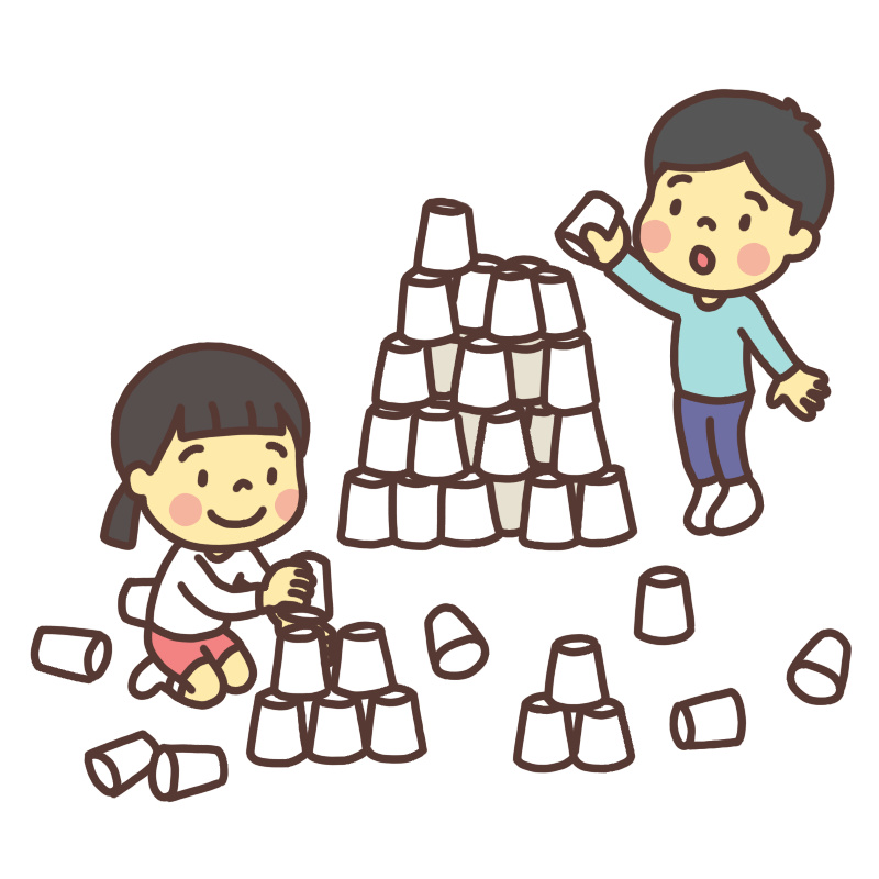 紙コップタワーを作って遊ぶ子ども達のイラスト