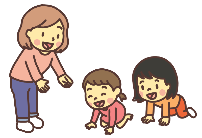 ハイハイする幼児と子どもを見守る母親のイラスト