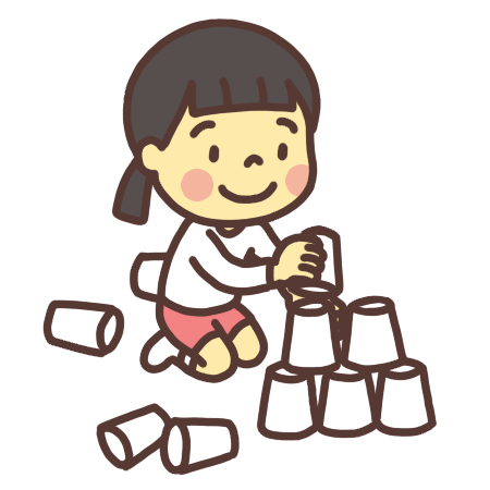 紙コップタワーを作って遊ぶ女の子のイラスト